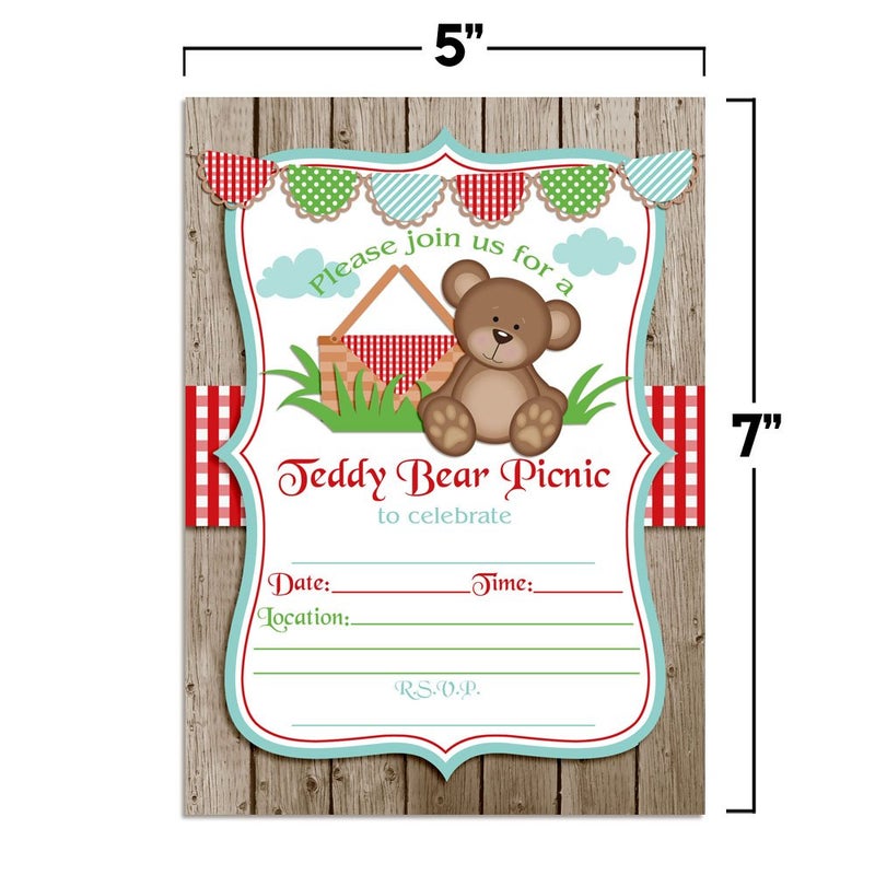 Amanda Creation Teddy Bear Picnic Birthday Party Invitations, 20 5x7 Fill In Cards with Twenty White Envelopes by AmandaCreation - Image 5